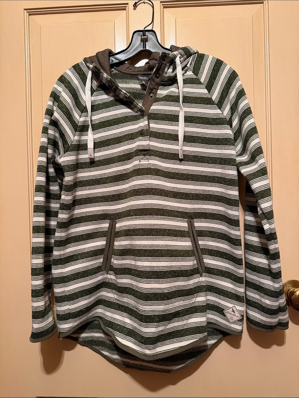 Eddie Bauer Green and White Striped Hooded Pullover Sweater